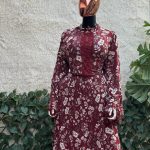 Wine floral Bell-Sleeved Dress